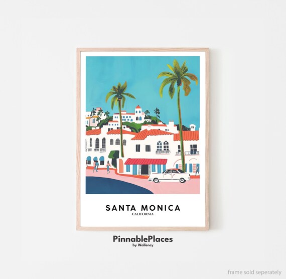 Santa Monica California Palms Street Vintage Beach Travel Poster