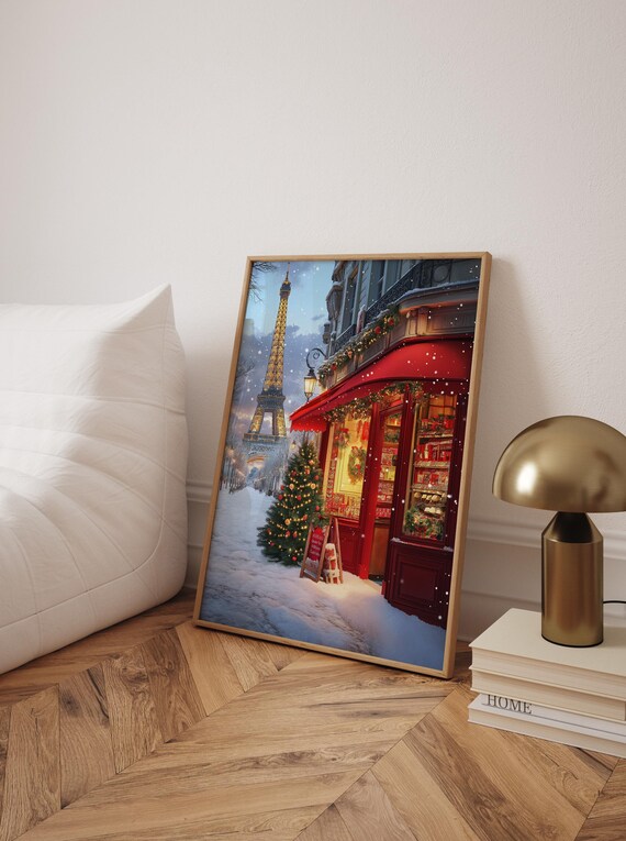 Christmas Eiffel Tower Paris Winter Cafe Snowy Holiday Art Poster