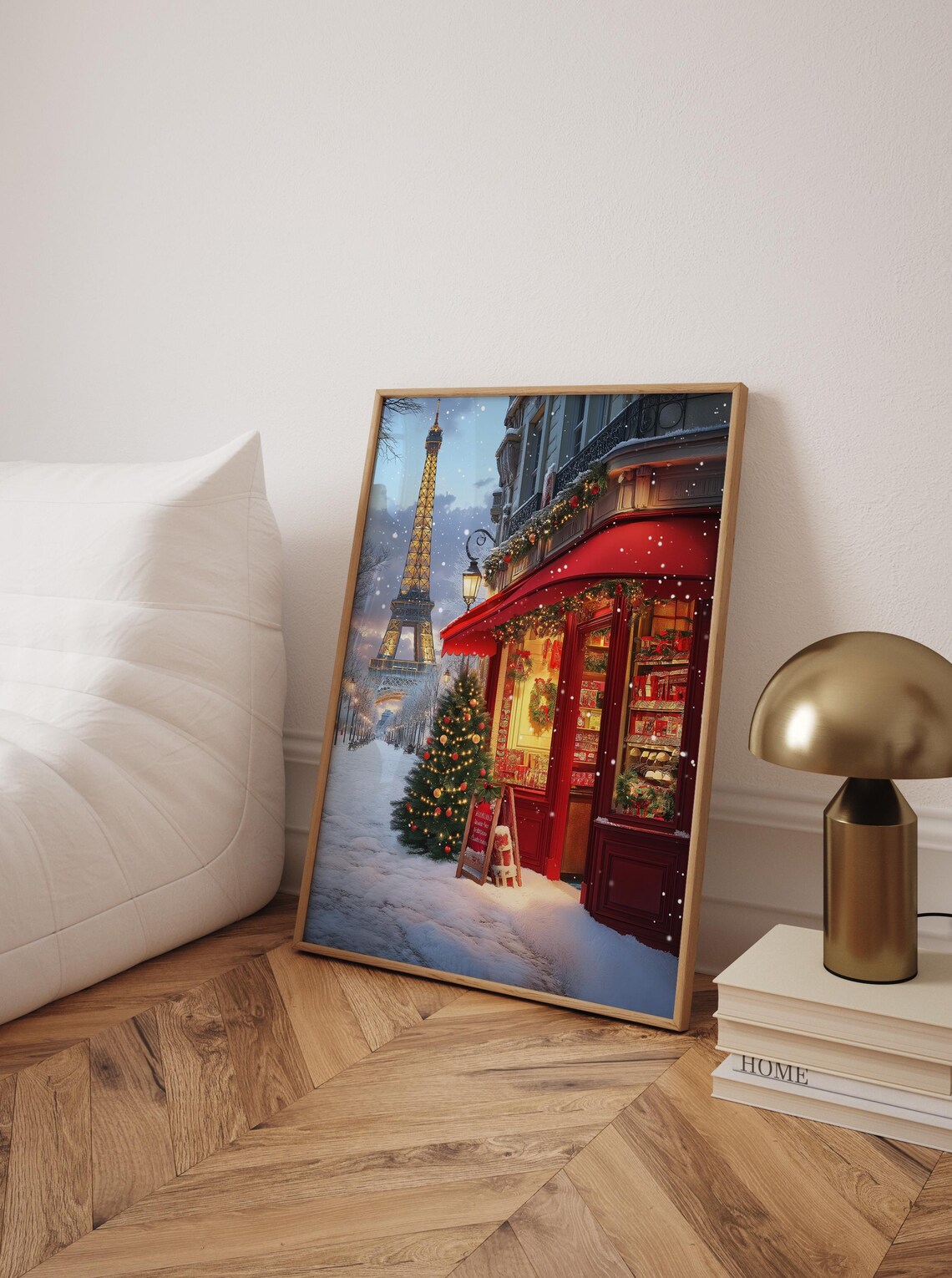 Christmas Eiffel Tower Paris Winter Cafe Snowy Holiday Art Poster
