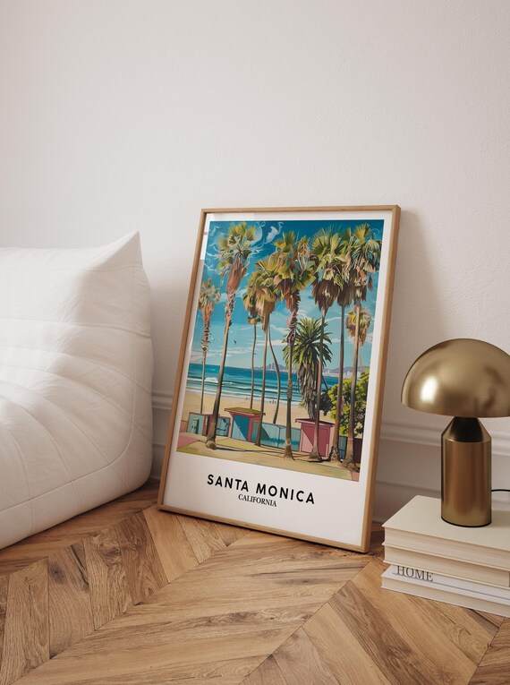 Santa Monica California Beach Palms Beach Huts Travel Poster