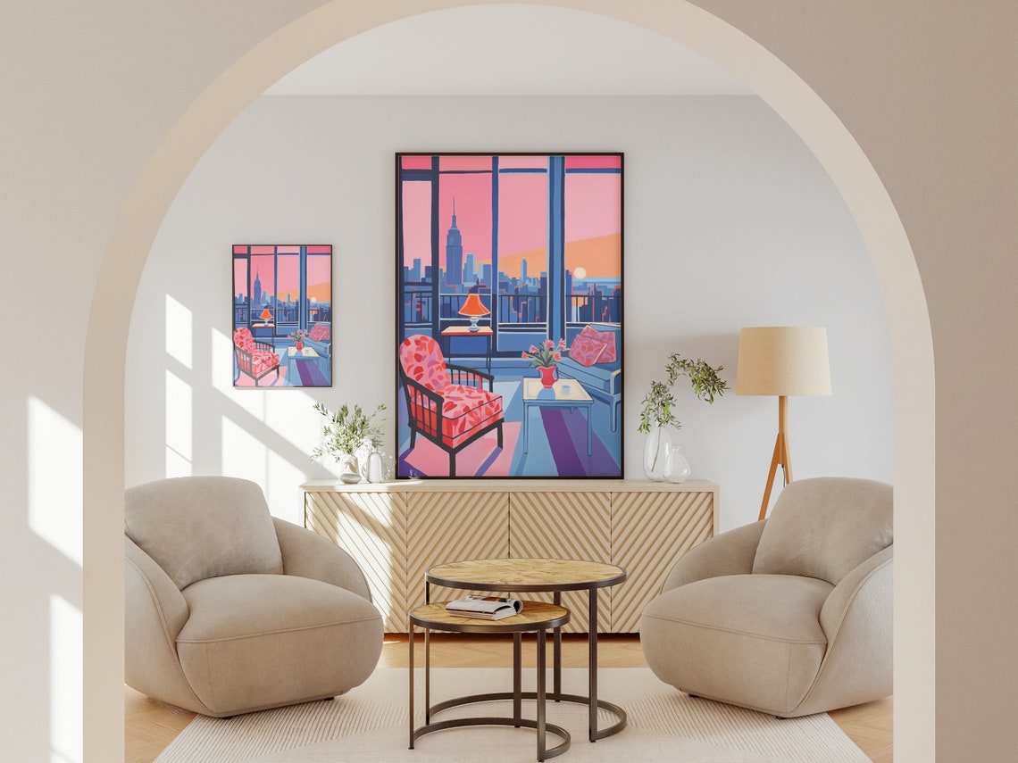 New York Sunset Skyline Apartment Interior Retro City Wall Art - Image 2