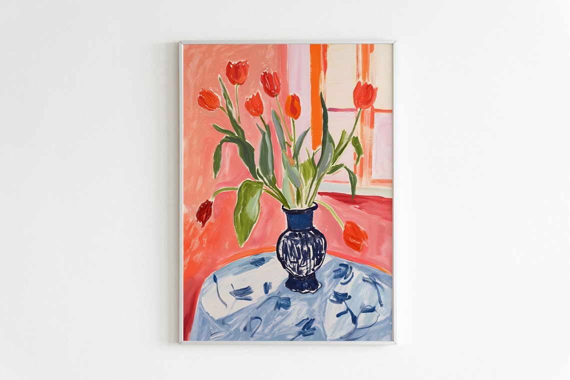 Red Tulips Blue Vase Fauvist Still Life Pink Room Floral Poster
