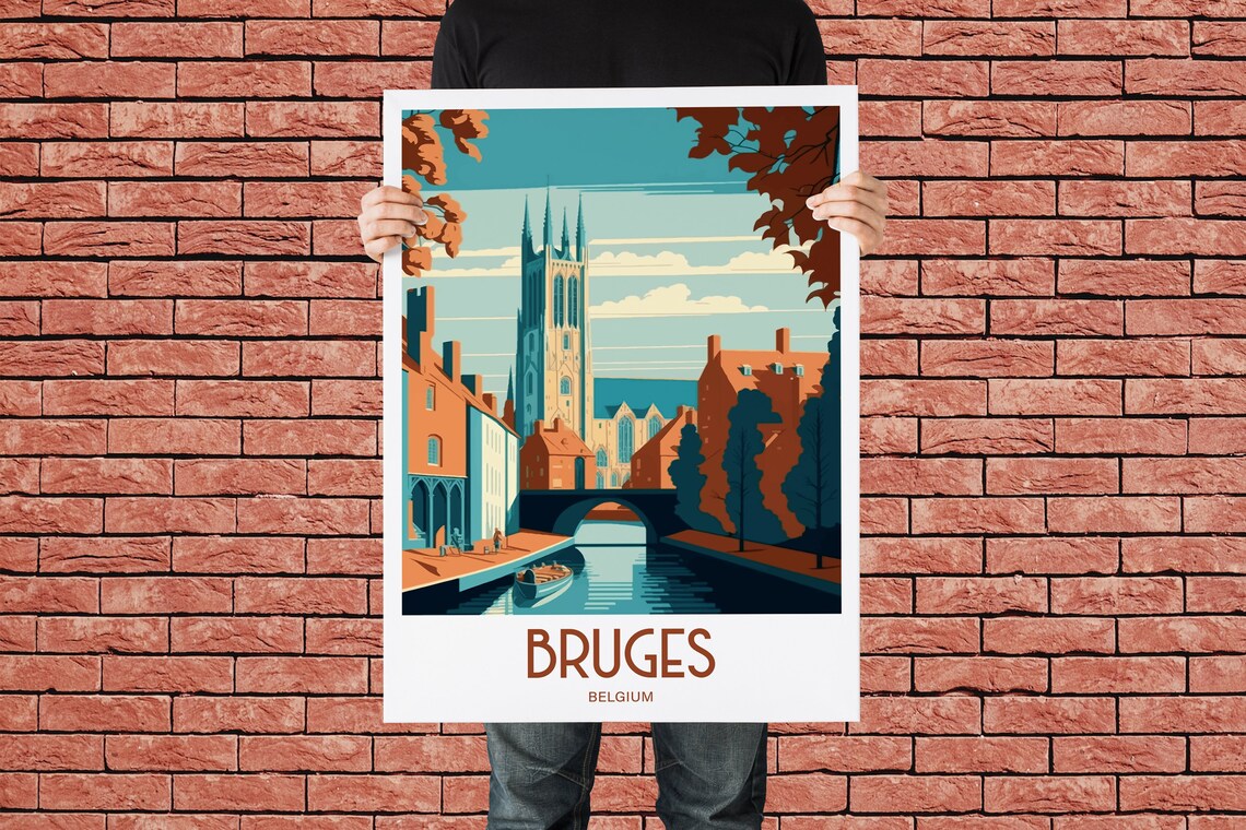 Bruges Belgium Canal Church Tower Bridge Vintage Travel Art Poster - Image 3