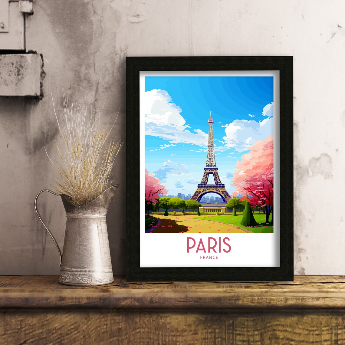 Eiffel Tower Paris France Travel Poster Cherry Blossom Vintage Art - Image 3