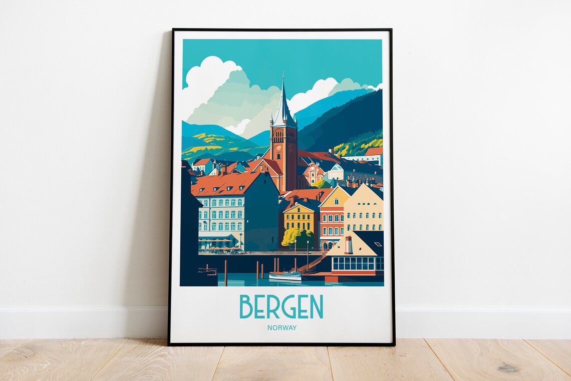 Bergen Norway Colorful Wharf Church Fjord Retro Travel Poster