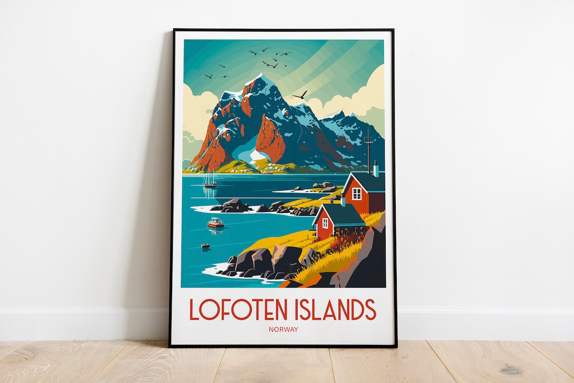 Lofoten Islands Norway Red Cabins Rocky Peak Vintage Travel Poster