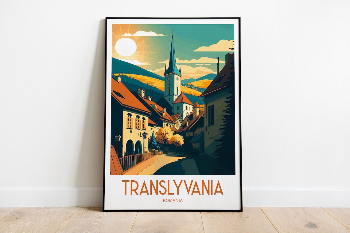 Transylvania Romania Village Street Church Spire Travel Poster