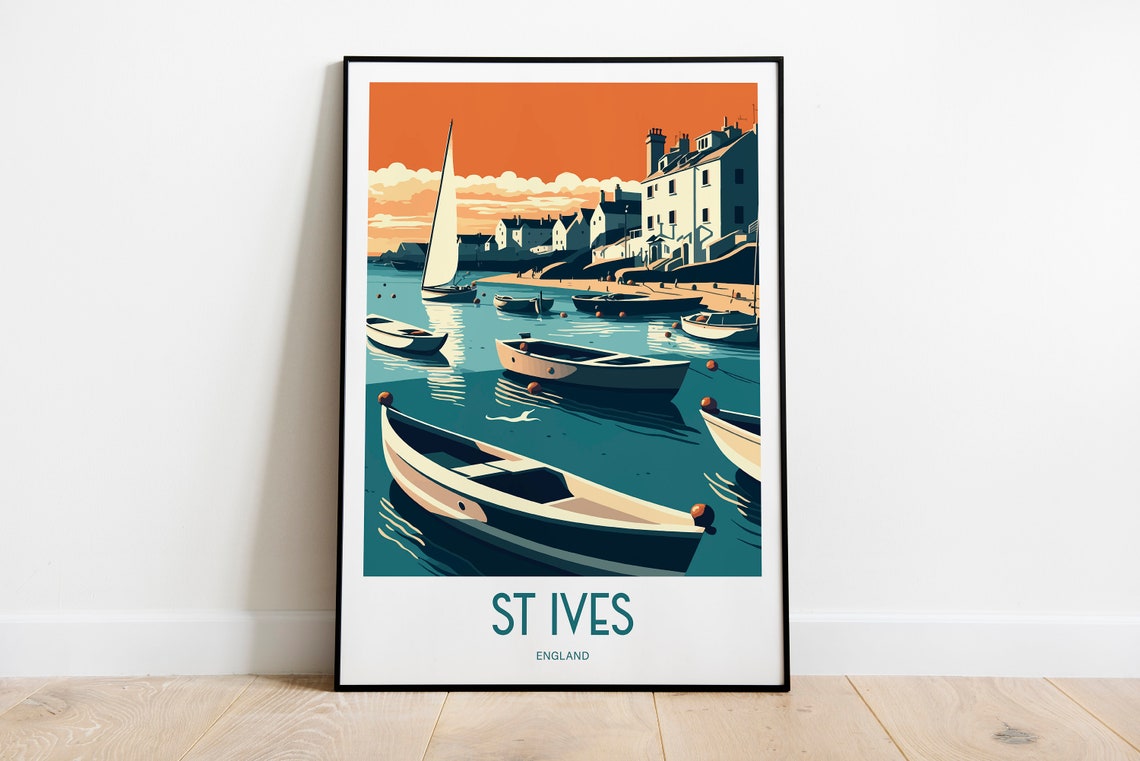 St Ives England Teal Banner Harbor Boats Vintage Travel Art Poster