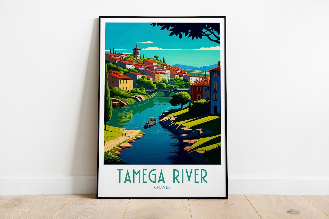Tamega River Chaves Riverside Old Town Vintage Travel Poster