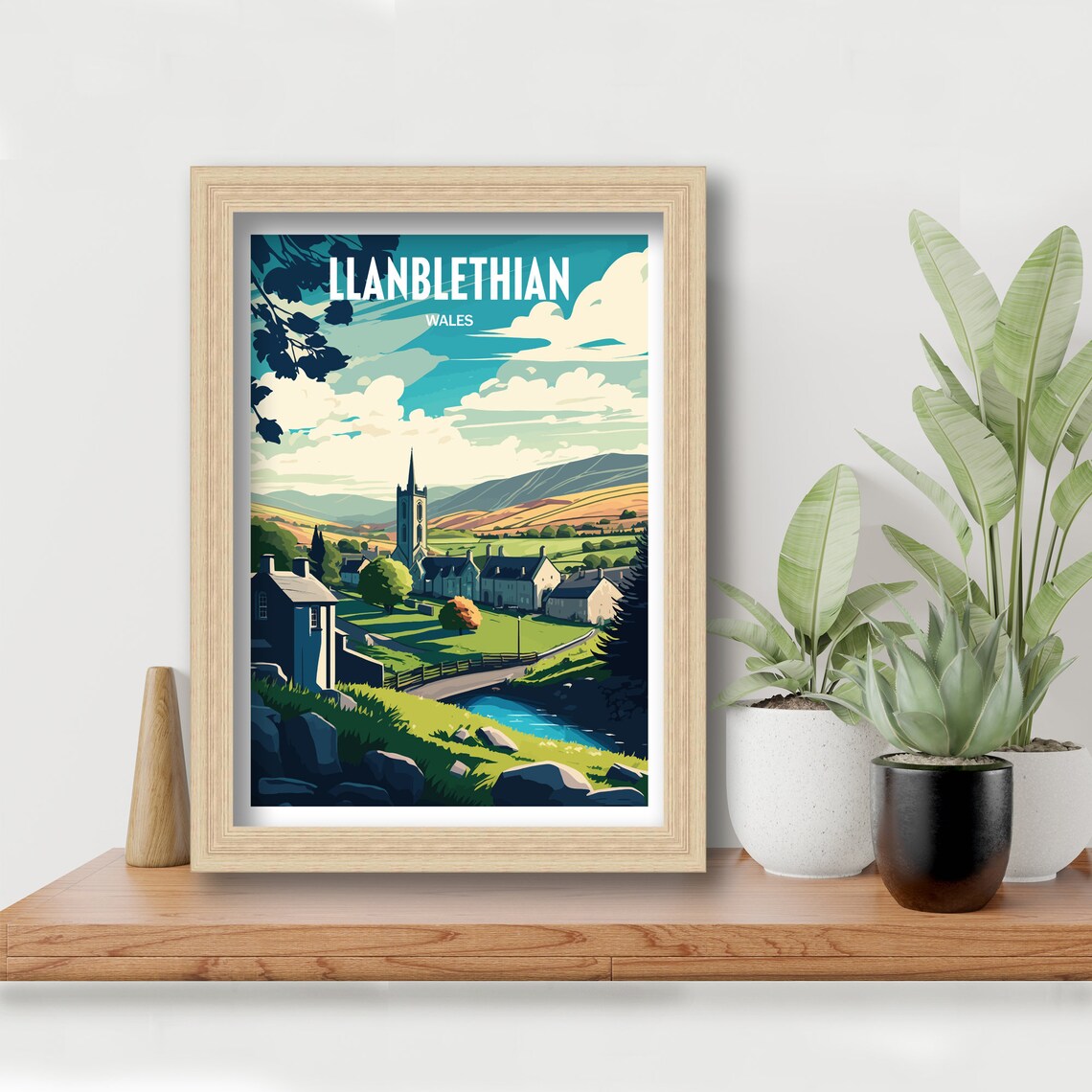 Llanblethian Wales Travel Poster with Village Church and Hills - Image 2