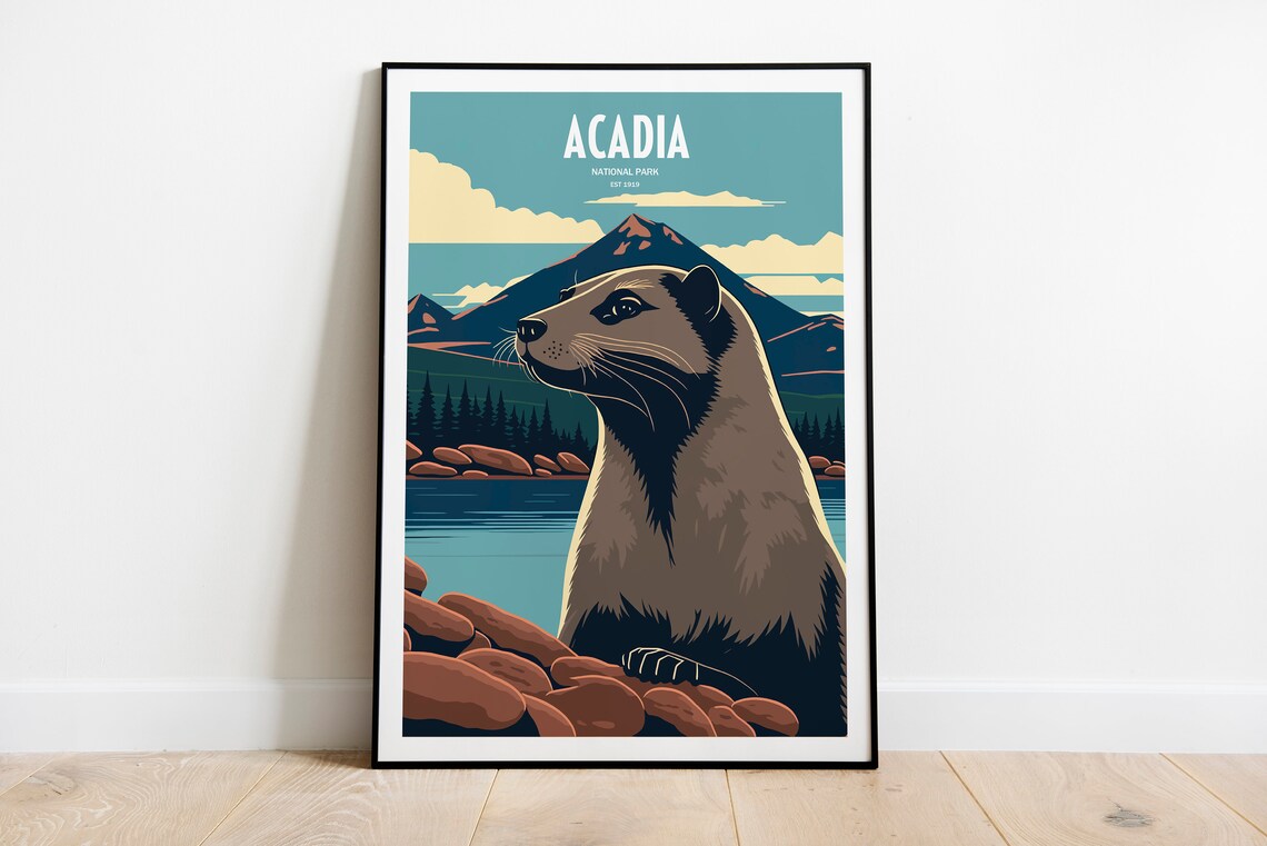 Acadia National Park Otter Travel Poster Maine Wildlife Vintage Art