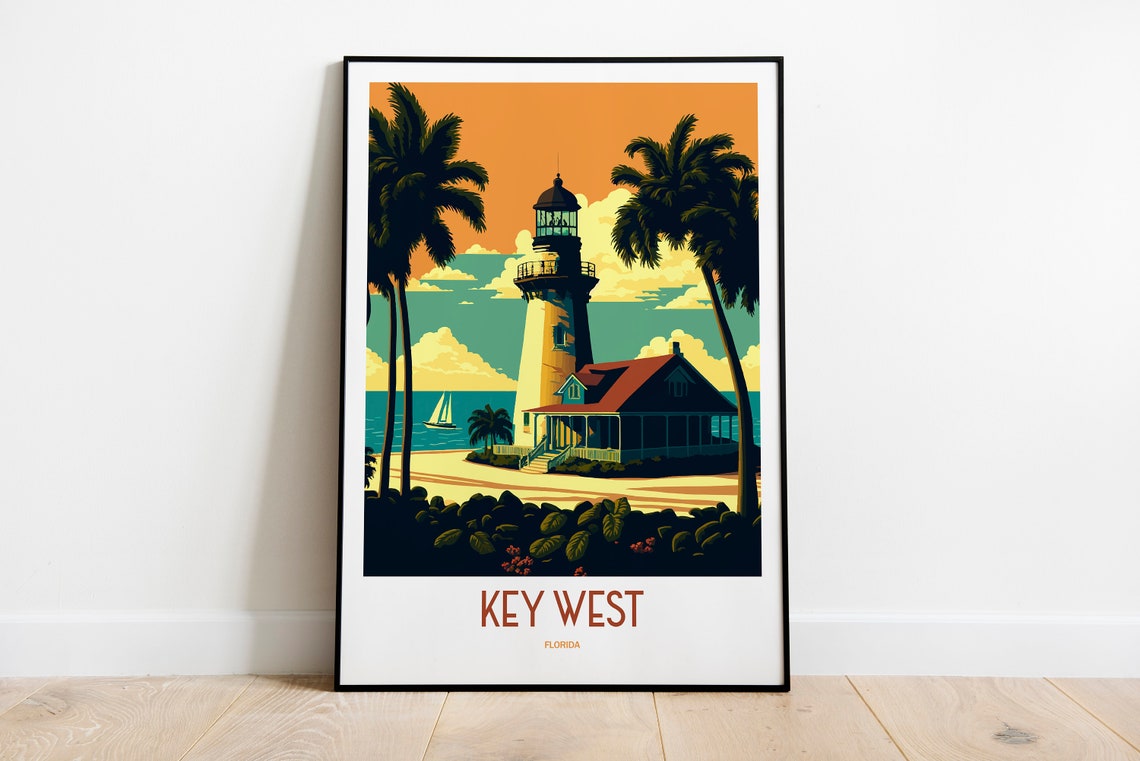 Key West Florida Lighthouse Palms Sailboat Retro Travel Poster