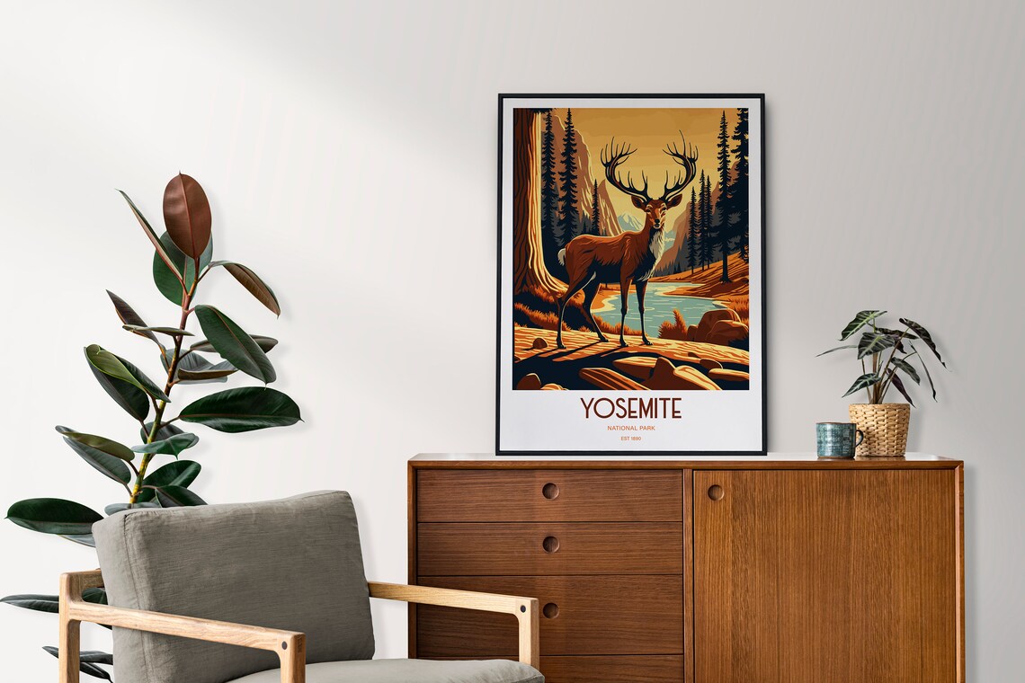 Yosemite National Park Deer Travel Poster Wildlife Lake Vintage Art - Image 2