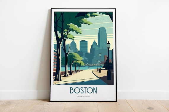 Boston Massachusetts Riverside Park Skyline Vintage Travel Poster