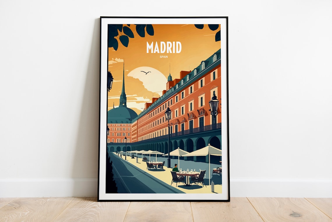 Madrid Spain Plaza Mayor Sunset Cafe Terraces Vintage Travel Poster