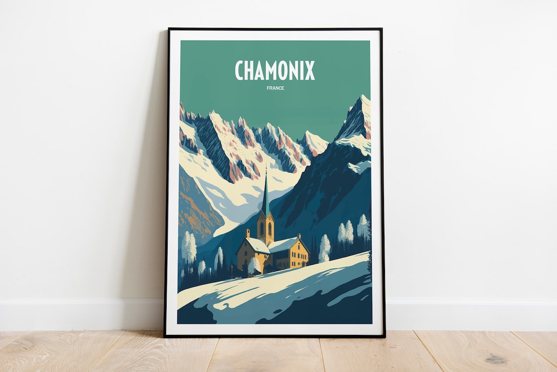 Chamonix France Snow Peaks Village Church Vintage Travel Poster