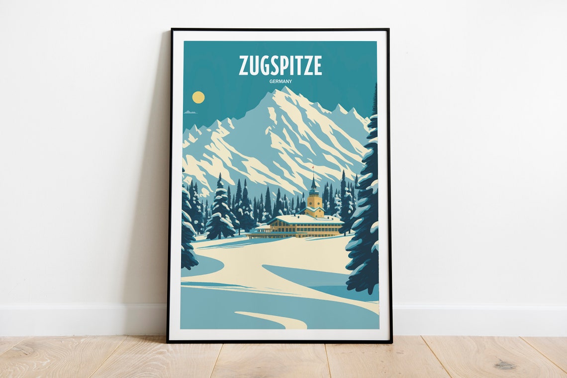 Zugspitze Germany Snowy Mountain Peak Alpine Lodge Travel Poster