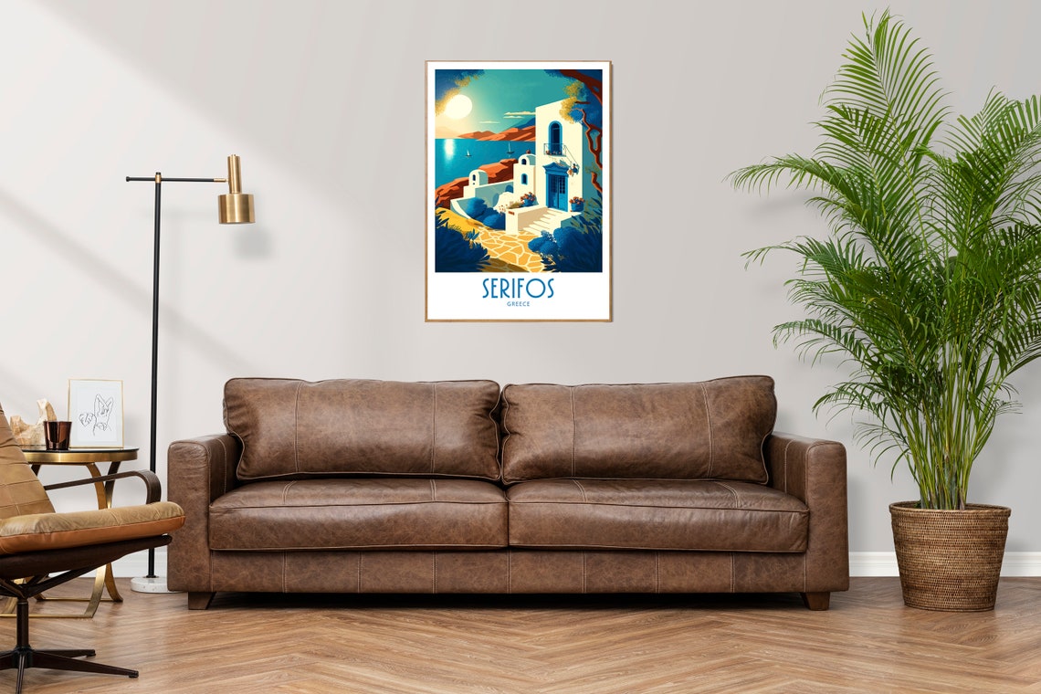 Vintage Serifos Greece Travel Poster Whitewashed Villa Sea View Art - Image 3