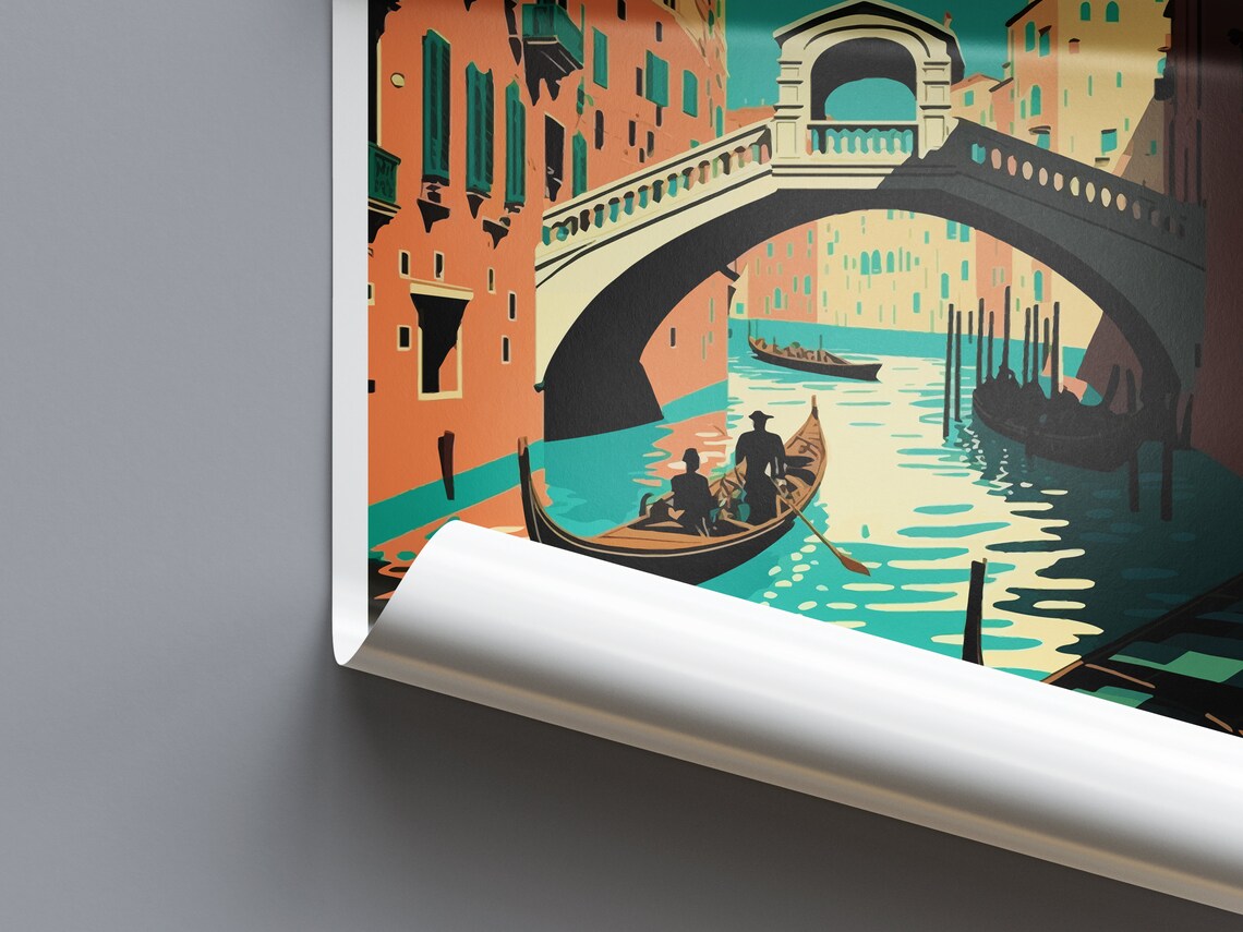 Venice Italy Travel Poster with Gondolas and Grand Canal Bridge