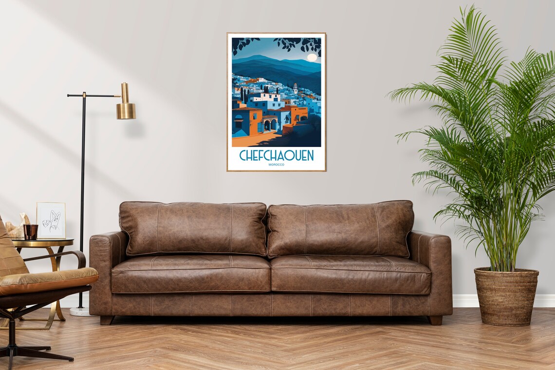 Chefchaouen Morocco Blue City Hills Moon Vintage Travel Art Poster - Image 2