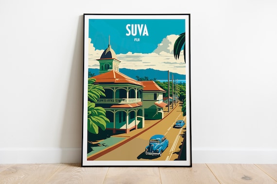Suva Fiji Vintage Colonial Street Retro Car Travel Poster Art