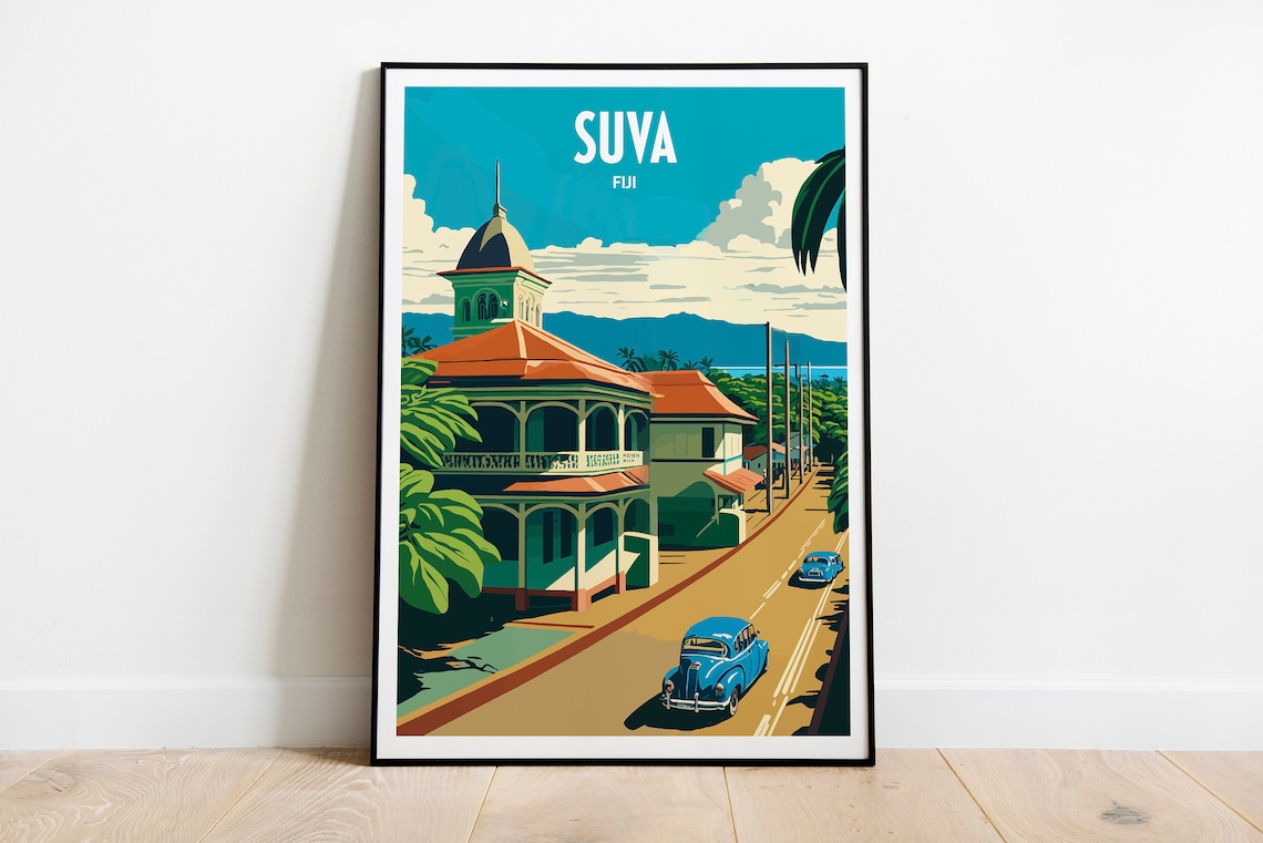 Suva Fiji Vintage Colonial Street Retro Car Travel Poster Art