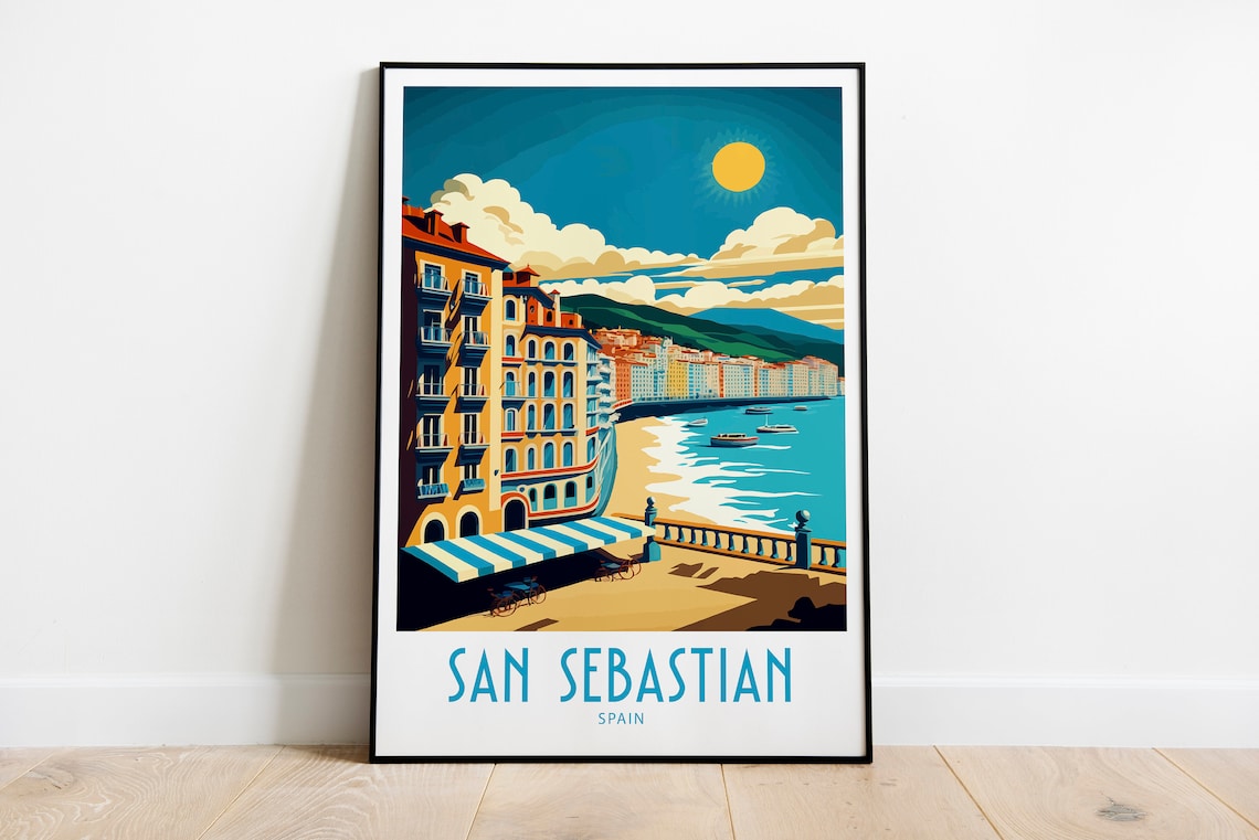 San Sebastian Spain Beachfront Promenade Retro Travel Poster Decor