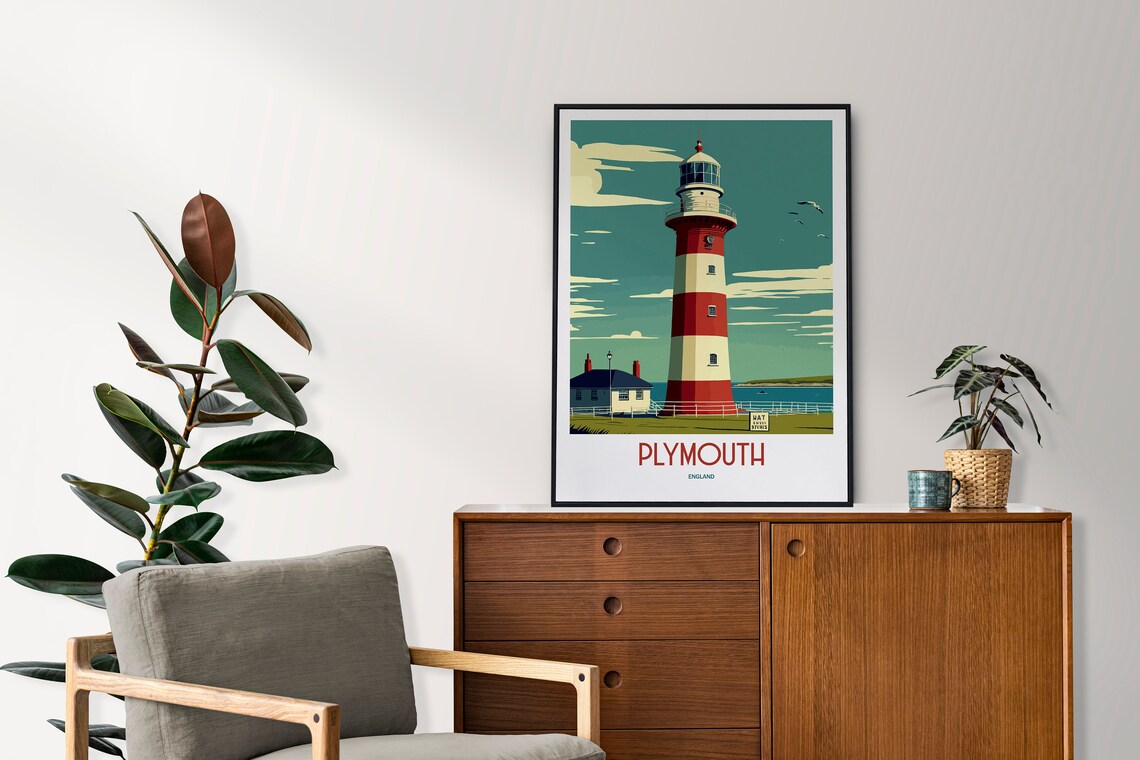 Plymouth Travel Poster, Devon Lighthouse Art Print - Image 2