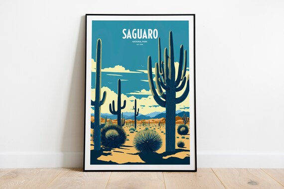 Saguaro National Park Desert Cacti Sunset Vintage Travel Poster