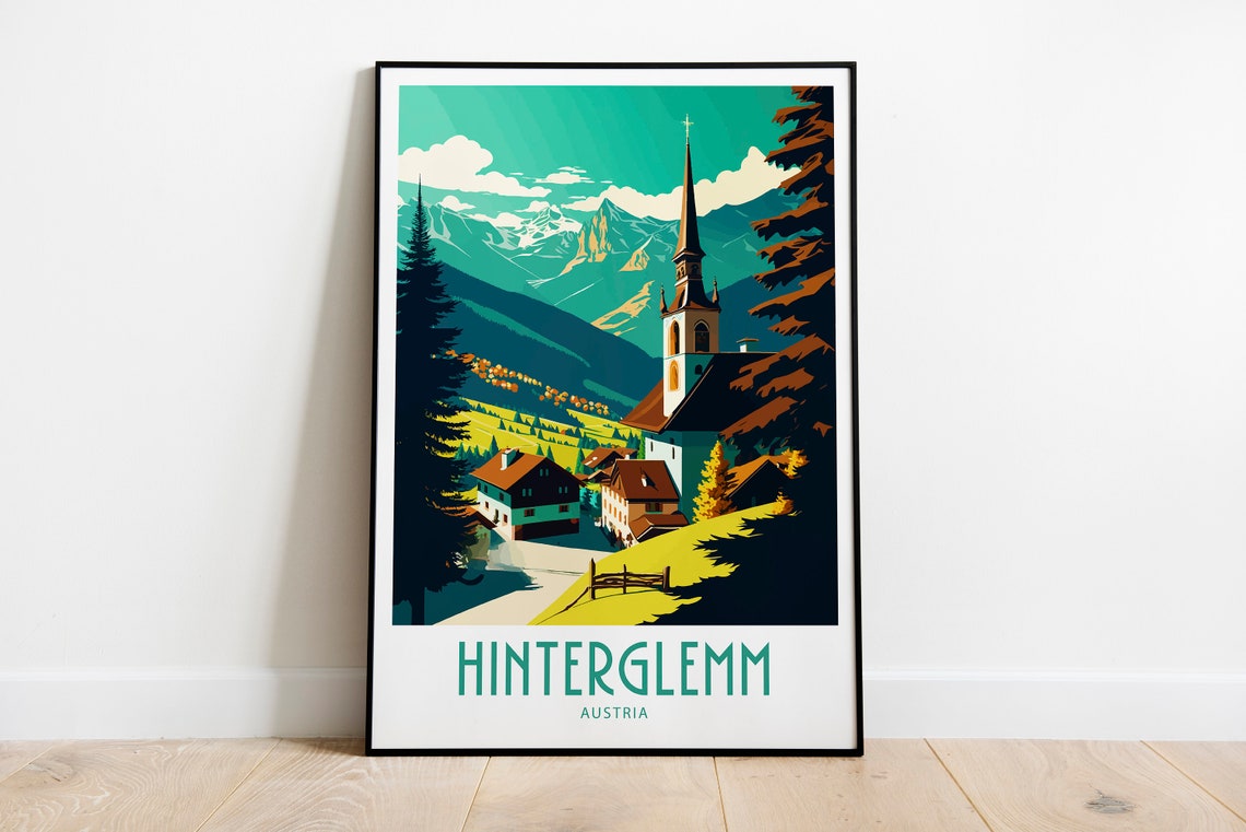 Hinterglemm Austria Alpine Village Church Retro Travel Poster