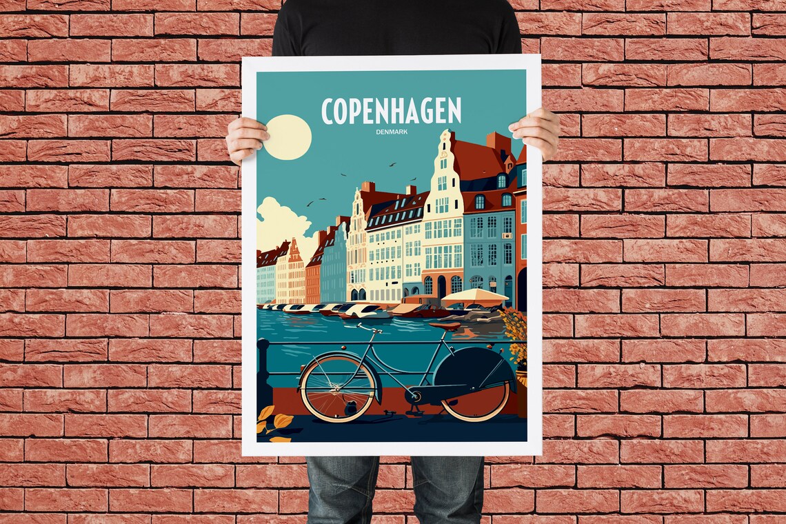Copenhagen Denmark Canal Houses Vintage Bicycle Retro Travel Poster - Image 4