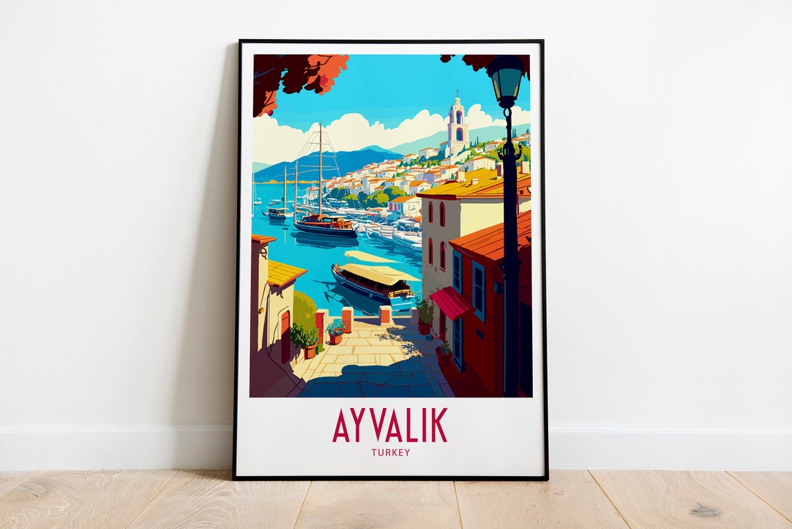 Ayvalik Turkey Sunny Harbor Boats Bell Tower Vintage Travel Poster
