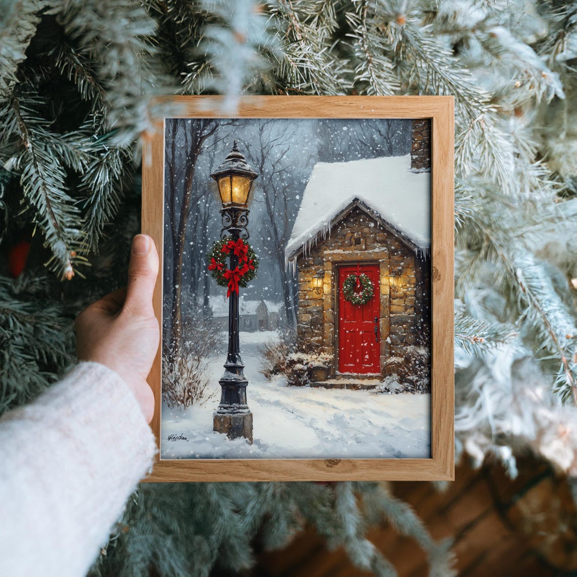 Glowing Christmas Lamppost with Wreath by a Cottage in Snow Poster - Image 6