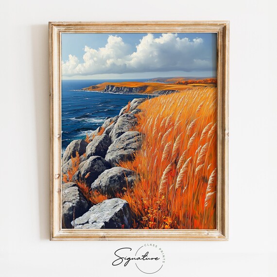 Golden Coastal Cliffs Rocky Ocean Shoreline Autumn Seascape Print