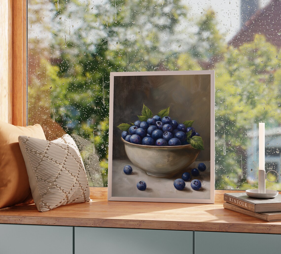 Porcelain Bowl of Fresh Blueberries Classic Still Life Poster - Image 2