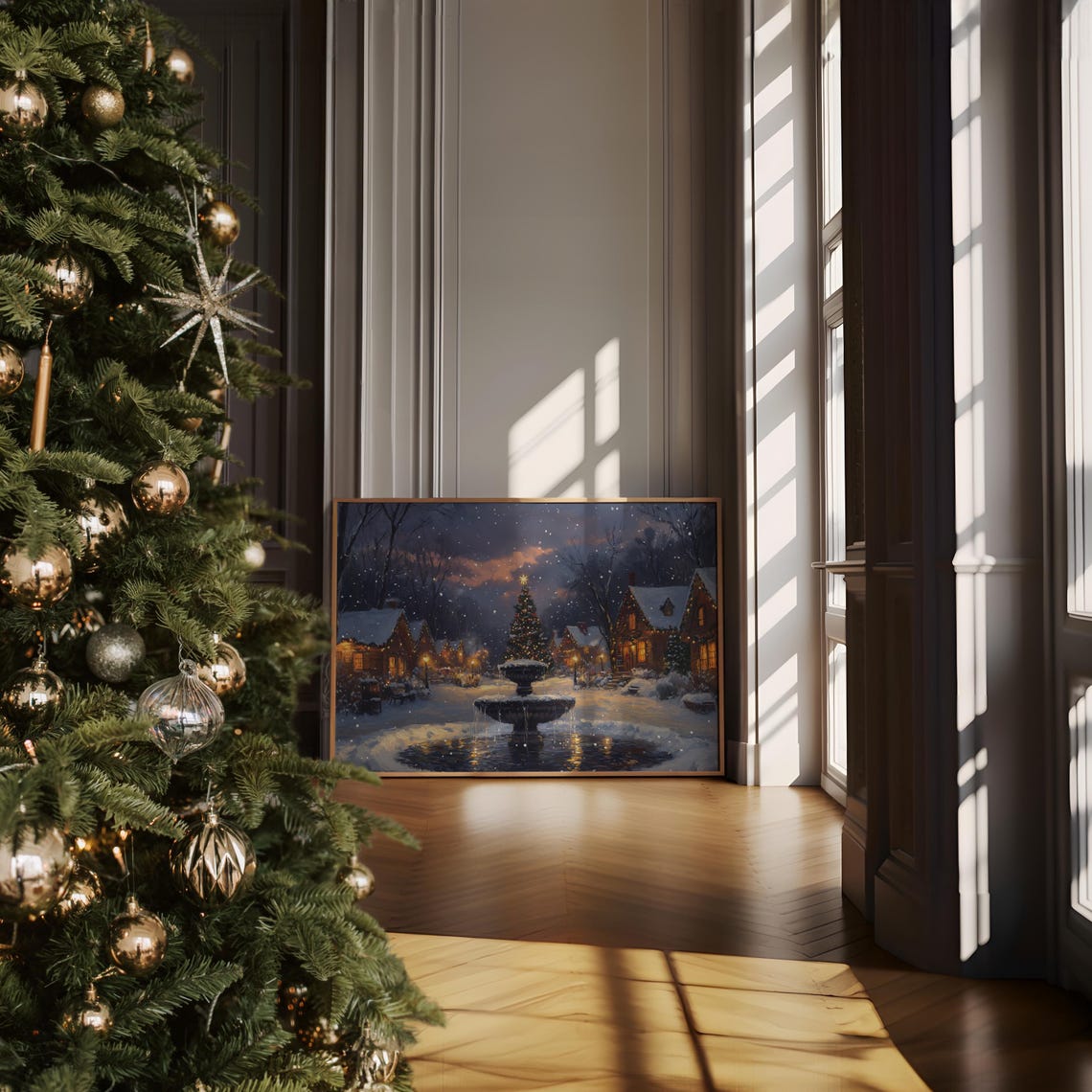 Snowy Village Square Night Fountain Christmas Tree Painting Poster - Image 6