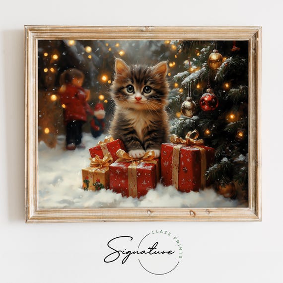 Fluffy Gray Kitten With Christmas Gifts Cute Holiday Wall Art Rustic Winter Decor Cottagecore Christmas Scene Festive Cat Print 2835