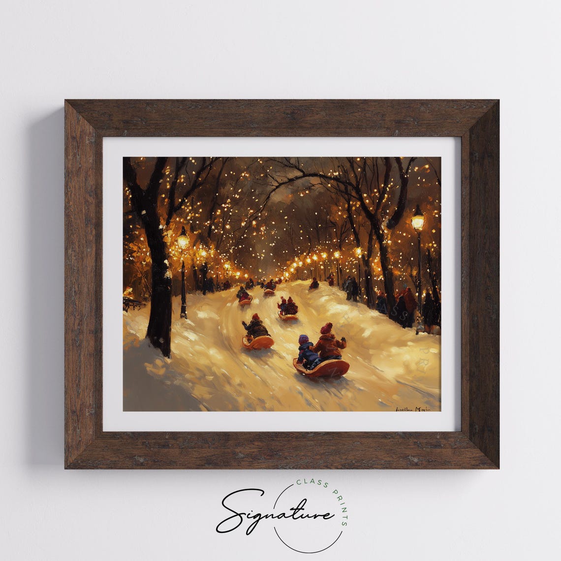 Children Sledding Down A Snowy Hill Under Warm Street Lamps Poster - Image 5