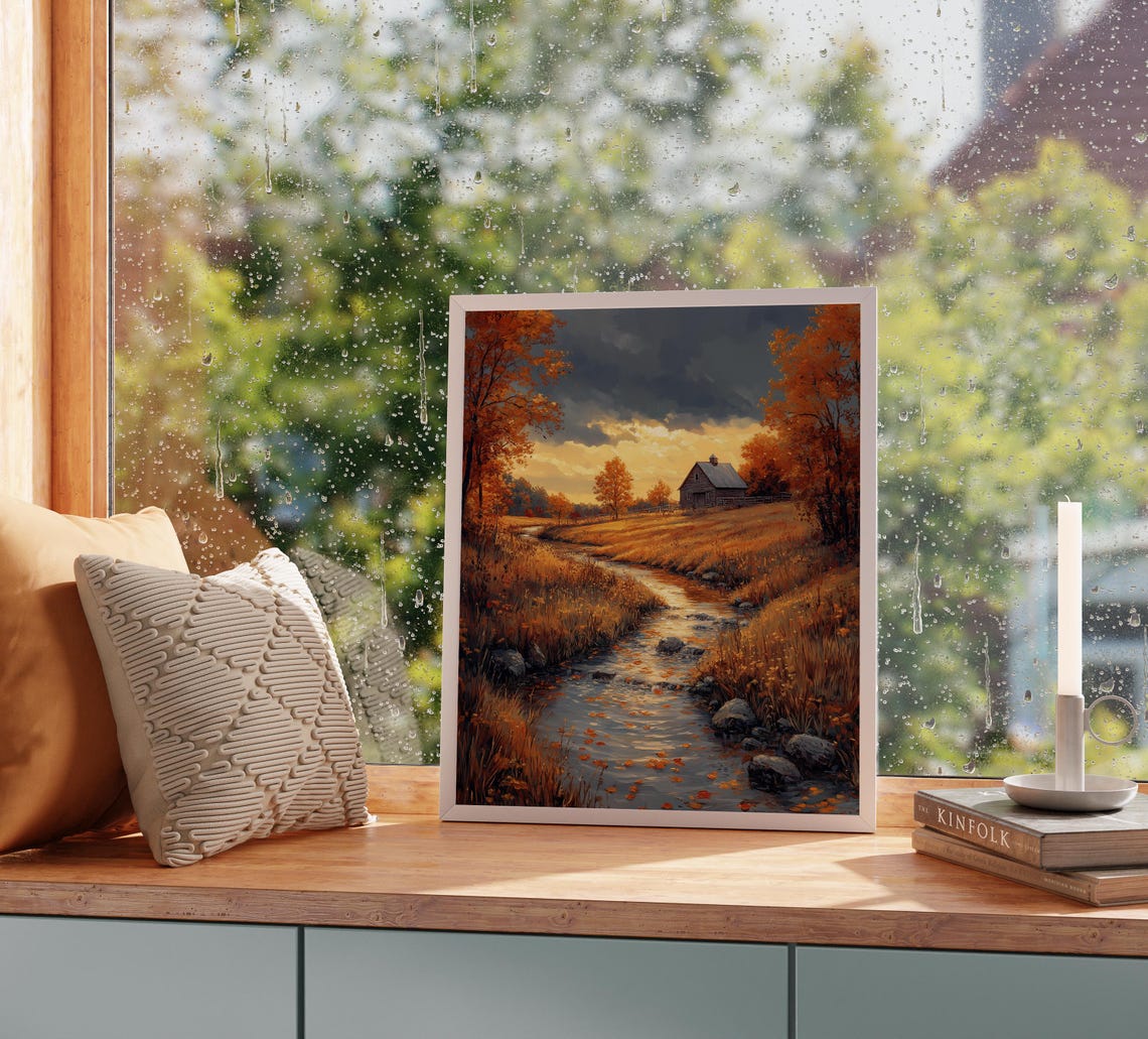 Stream Through Meadow Cabin Dramatic Sunset Autumn Painting Print - Image 2