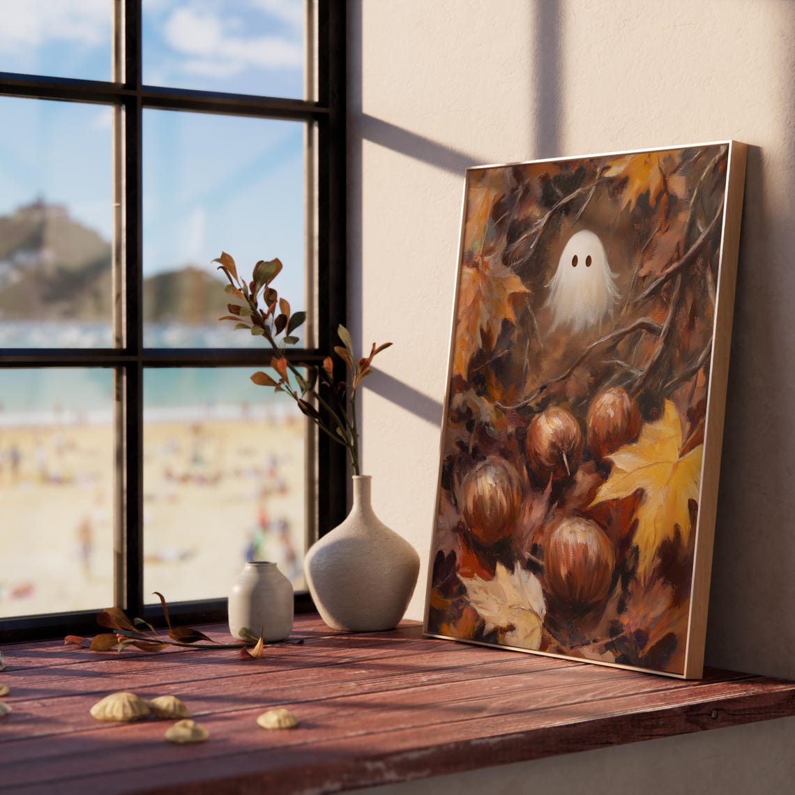 Little Ghost Peeking Through Autumn Leaves and Chestnuts Poster - Image 5