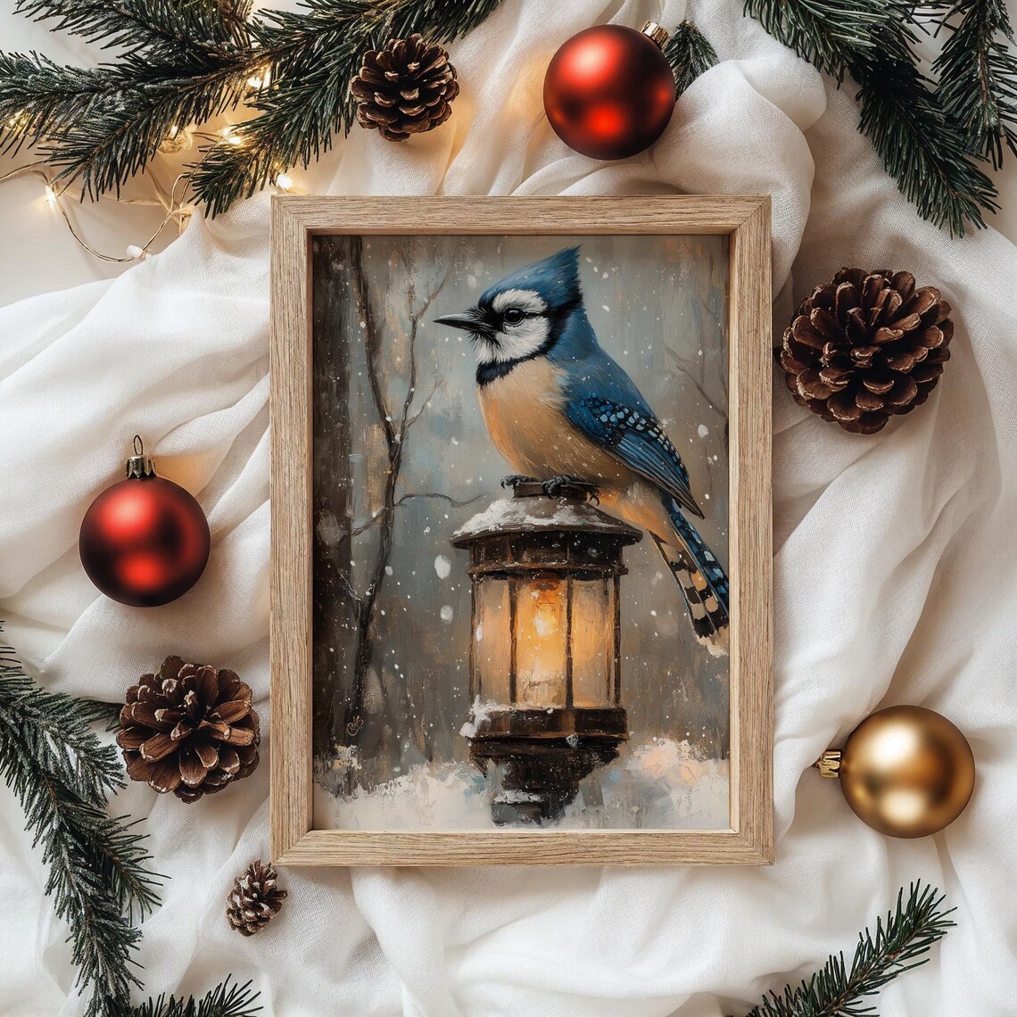 Blue Jay Snowy Lantern Night Winter Bird Wildlife Oil Painting Poster - Image 4