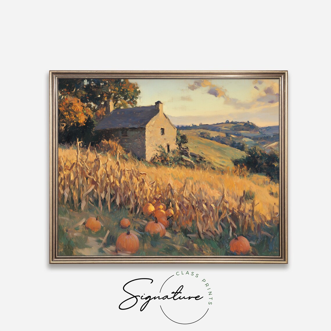 Stone Cottage With Pumpkins Resting in a Golden Cornfield Sunset Poster - Image 4