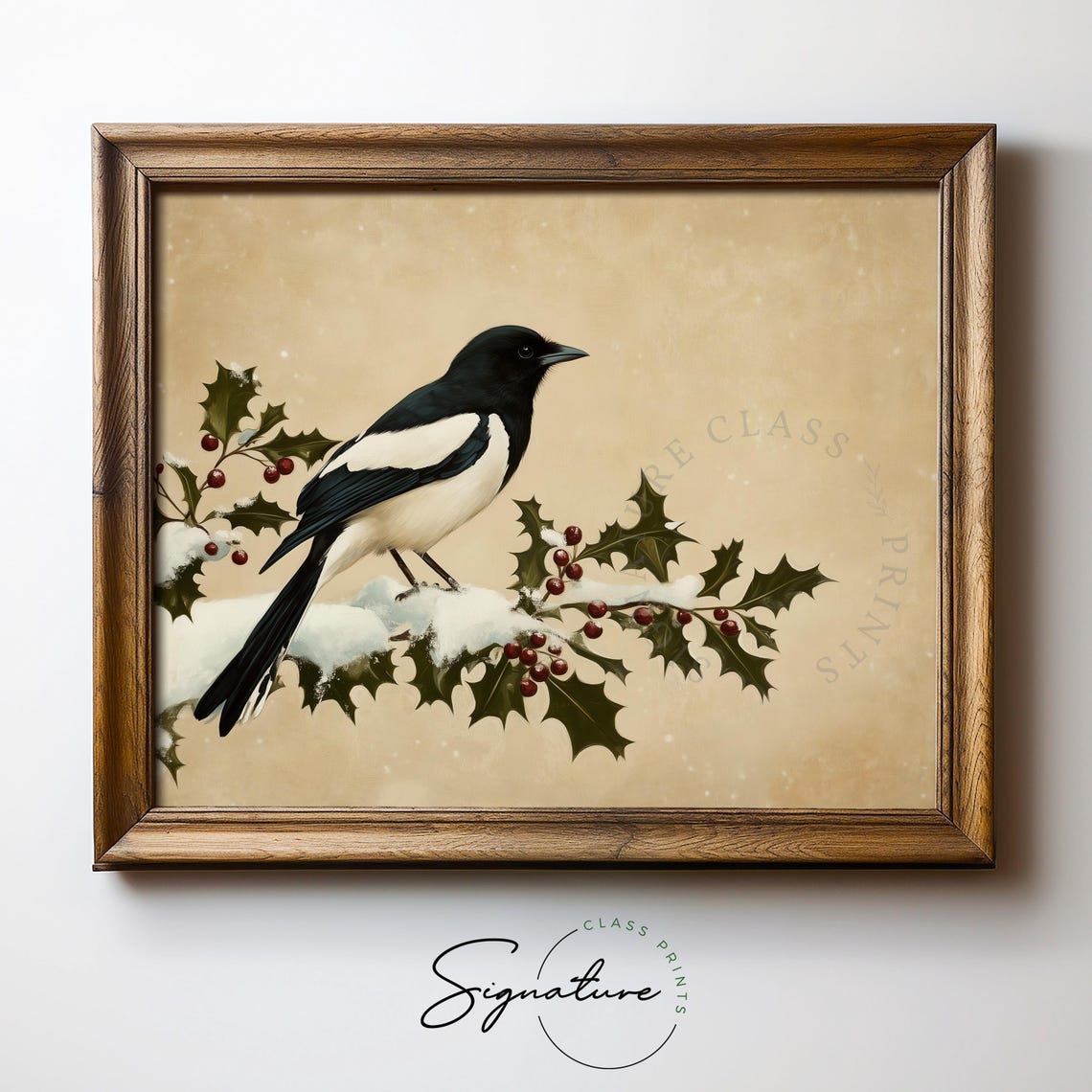 Magpie on Snowy Holly Branch Red Berries Vintage Bird Art Poster - Image 5