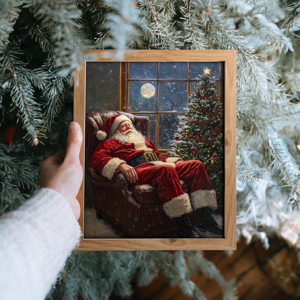 Vintage Oil Painting Of Santa Claus By Fireplace Rustic Christmas Art Cozy Holiday Scene Cottagecore Santa Decor Art 2116