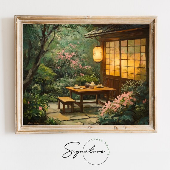 Kyoto Tea House Patio Tea Table Lantern Spring Garden Painting Poster