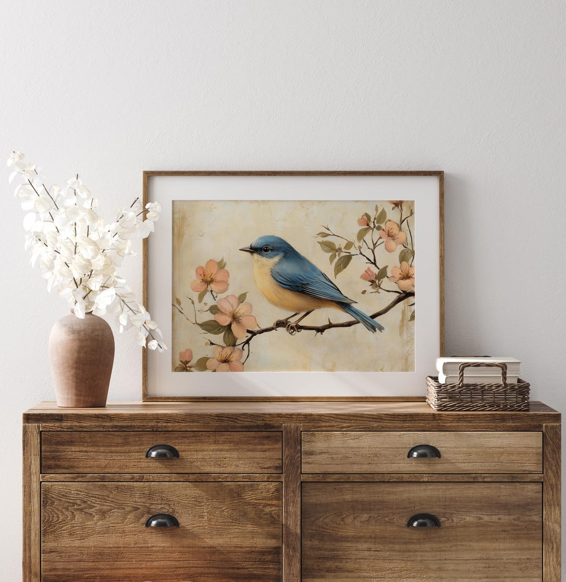 Vintage Bluebird Perched On Pink Blossom Branch Spring Cottage Poster - Image 2