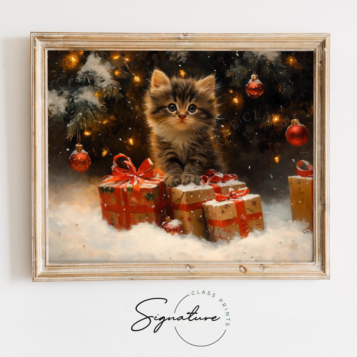 Fluffy Tabby Kitten Sitting With Christmas Gifts Under Tree Poster