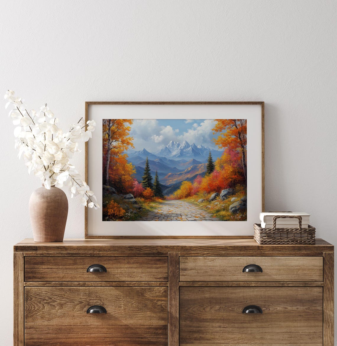 Stone Pathway Through Autumn Forest Toward Snowy Mountains Poster - Image 3