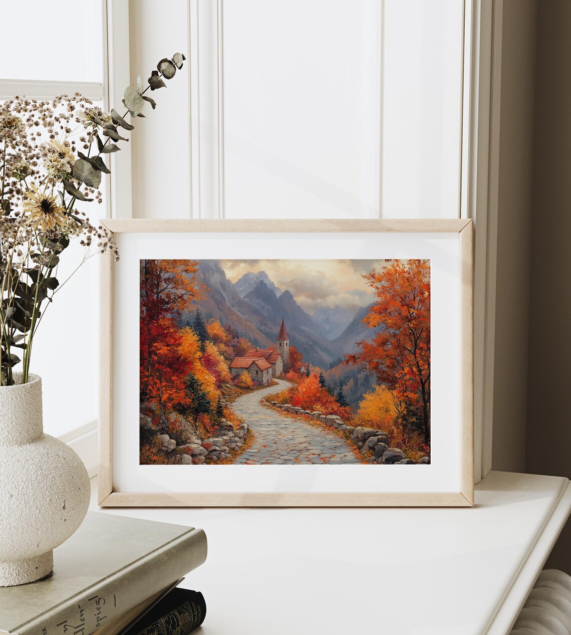 Alpine Village Chapel on Winding Cobblestone Road in Autumn Splendor Wall Art - Image 6
