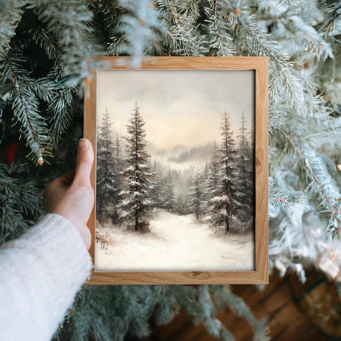Misty Snowy Fir Forest Soft Winter Landscape Painting Poster - Image 6